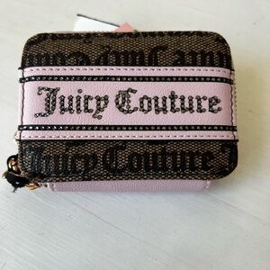 Luxe Juicy Couture Square Zip-Around Wallet Pink Taupe Brown Ribbon Heart Charm